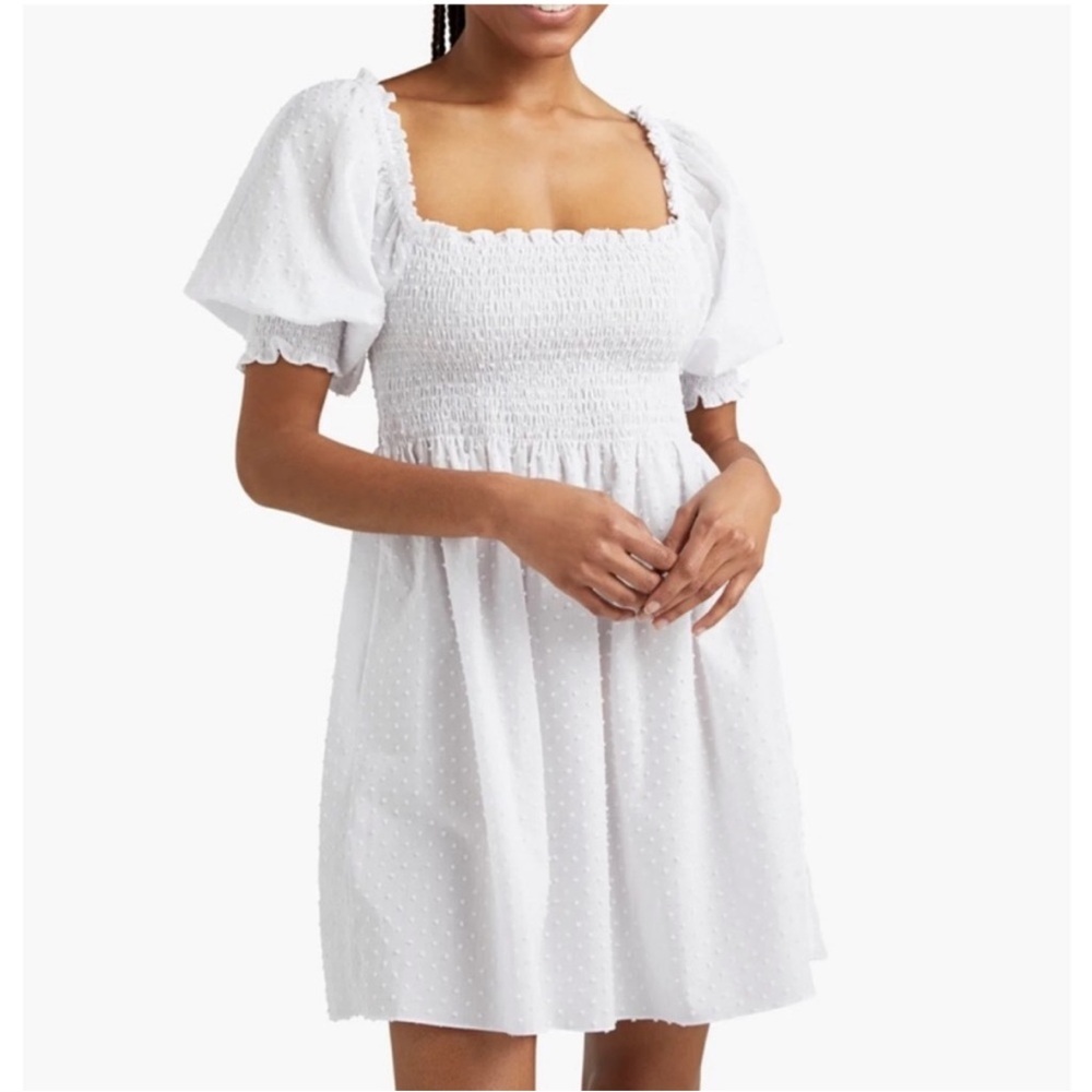 Hill House Athena White Swiss Dot Smocked Mini Dress